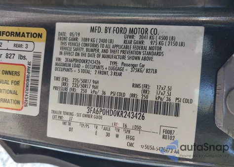 2019 Ford Fusion Se z USA, uszkodzony, nr VIN 3FA6P0HD0KR243426